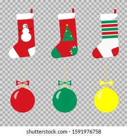 Set of Christmas socks and balls red green and white with a pattern of a snowman, Christmas tree and stripes. Simple flat elements icons. Stock vector illustration isolated on transparent background.