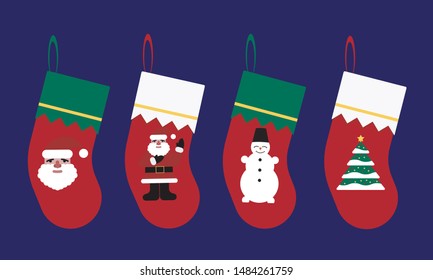 Set of christmas socks with claus, christmas tree, snowman on background