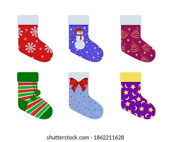 Set of Christmas socks. Collection of socks isolated on white background. Stock vector illustration.