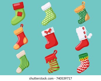 Set of Christmas socks. Collection of merry Christmas and New Year. Vector illustration.