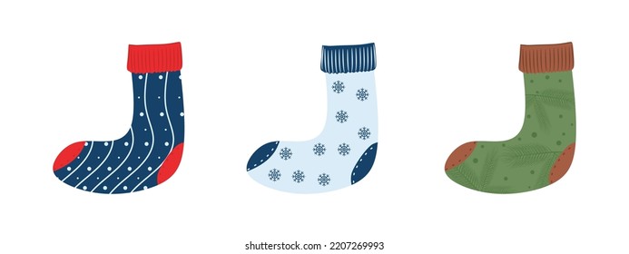 Set Of Christmas Socks. Collection Winter Stocking Or Sock With Snowflakes. Striped Baby Clothes Isolated On White Background. Flat Color Illustration. Vector Eps10