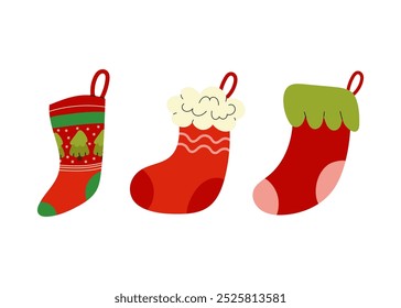 Set of Christmas Socks. Decorative Christmas socks for gifts from Santa Claus. Flat illustration on white background.