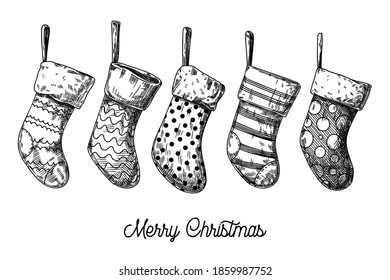 Set of Christmas socks. Different socks isolated on white background. Sketch, vector