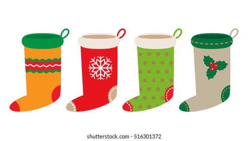 set of Christmas socks with different ornaments isolated on white background vector flat