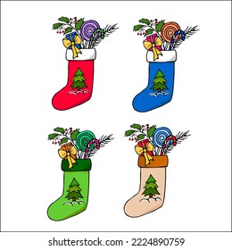 Set of christmas socks with gifts. Hand drawn doodle christmas illustration. Colorful christmas decoration. 