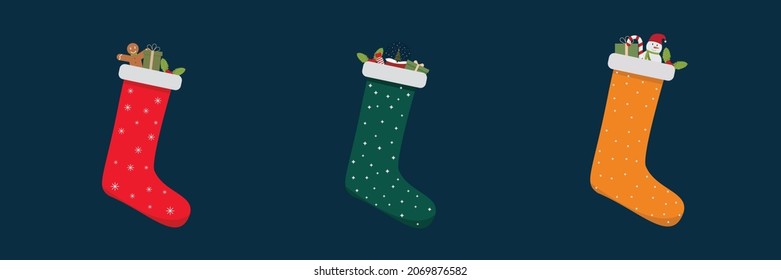 Set of Christmas socks with gifts inside. Can be used to create your own Christmas designs for brochures, posters, posters.