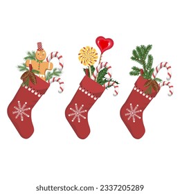 A set of Christmas socks with gifts isolated on a white background.Vector set for Christmas,New Year designs.