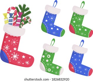 A set of Christmas socks with gifts, sweets and sweets. Colorful socks with snowflakes ornament for home or fireplace decoration, for cards and holiday greetings. Gifts for the new year. Vector