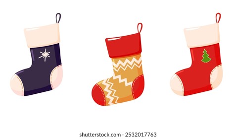 A set of Christmas socks for gifts. Transparent background.
