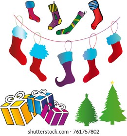 set of christmas socks and gifts vector isolated on white