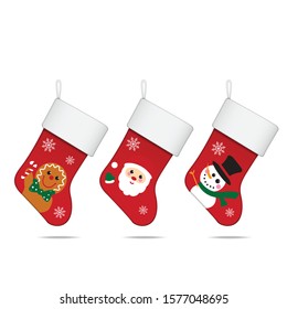 Set of christmas socks with hanger. Vector mockup template illustration with sample design for you