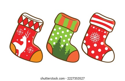 A set of Christmas socks for the holiday. Cartoon. Flat design. Vector