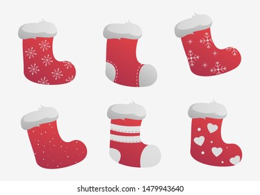 Set of Christmas socks isolated on transparent background. Vector Santa Claus felt collection, holiday footwear to Xmas illustration
