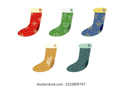 Set of christmas socks isolated on white background. Winter holiday santa claus socks. Decorative gift socks vector illustration