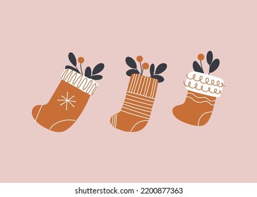 Set christmas socks. Merry Christmas. Vector print for children room, fabric, paper, greeting card, postcard, card, t shirt, poster, textile. Vector illustration