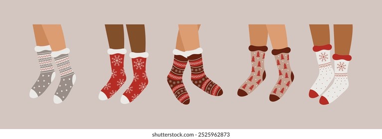 Set of Christmas socks on feet. Flat vector illustration
