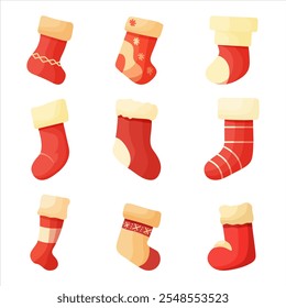 A set of Christmas socks on a white background. Winter collection of stockings with sweets, Christmas element