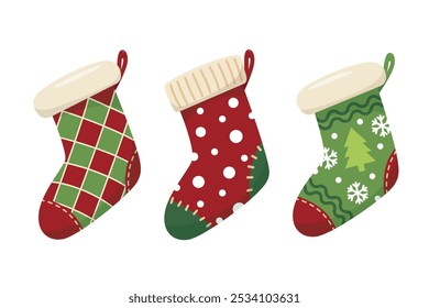 Set of Christmas socks  with patterns and ornaments.