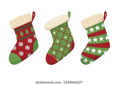 Set of Christmas socks  with patterns and ornaments.