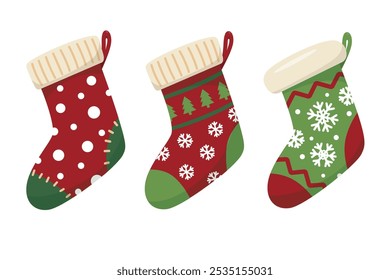 Set of Christmas socks  with patterns and ornaments.