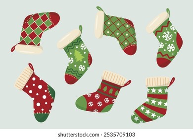 Set of Christmas socks  with patterns and ornaments.