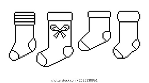 Set of Christmas Socks in Pixel Style. Vector Illustration