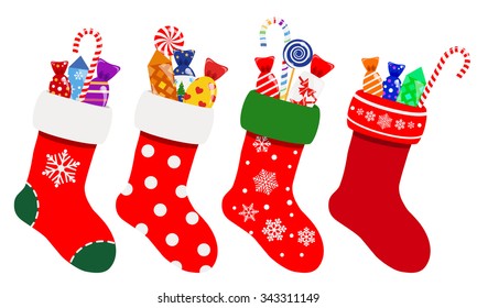 Empty christmas sock stocking isolated on white. Decorative red sock with  white fur and patches. Vector illustration. 29184866 Vector Art at Vecteezy