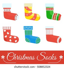 Set of christmas socks. Template for greeting cards, postcards, advertising, media. Flat vector cartoon christmas socks illustration. Objects isolated on a white background.