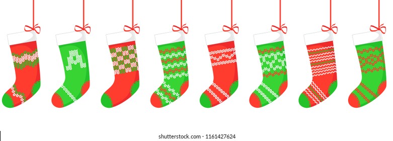 Set of Christmas socks with various patterns in green-red colours. Vector seamless ornament on white background.