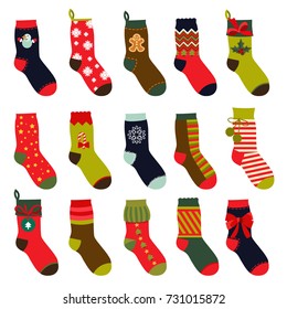 Set of christmas socks. Vector illustrations in flat style. Christmas winter sock for gift holiday