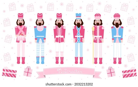 Set of christmas soldier figures - nutcracker doll in cartoon style with lettering on ribbon, horizontal greeting banner or card for winter holidays, snoflakes and presents on white background