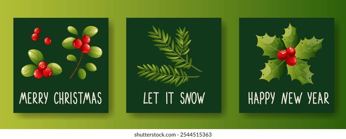 Set of Christmas square cards, happy new year with fir branch, with lingonberry, holly and holly, with green leaves and red berries and inscriptions. Congratulations on Christmas and New Year.