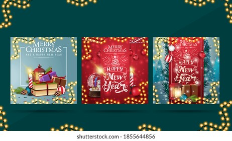 Set of Christmas square greeting cards with pile of Christmas presents, garlands and beautiful letterings