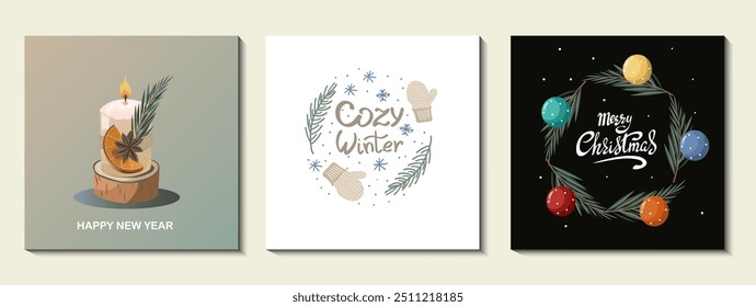 Set of Christmas square greeting cards with decorated christmas candle, cozy winter lettering, traditional Christmas wreath 