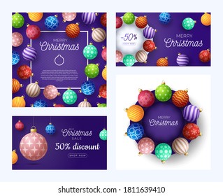 Set of Christmas square and horizontal promo banner. Holiday vector illustration with realistic ornate colorful Christmas balls on purple background.