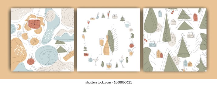 Set of Christmas square patterns, New Year and winter, modern minimalist art, trend . Fashion illustrations vector,  One line and color shape art