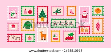 Set of christmas stamp post card illustration. Retro style winter holiday postage sticker collection, xmas celebration mail postmark, festive postal label, print, wrapping paper, flat vector design.