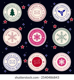 Set of Christmas Stamps. Holidays Postmarks. Santa Claus, North Pole, Express Delivery. Vector Design Elements Collection.