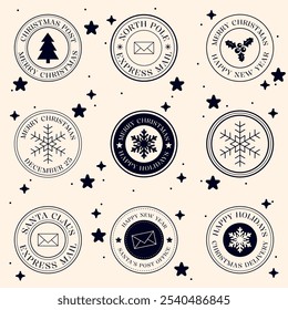 Set of Christmas Stamps. Holidays Postmarks. Santa Claus, North Pole, Express Delivery. Vector Design Elements Collection.