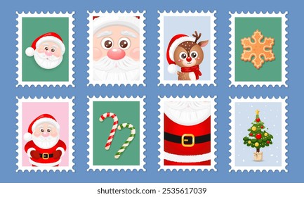 A set of Christmas stamps, labels with Santa and other holiday elements. Vector illustration