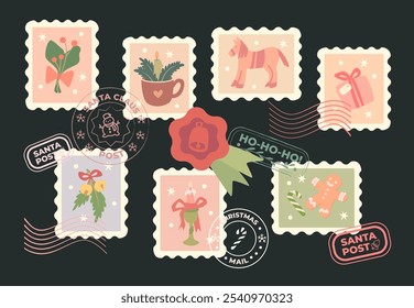 A set of Christmas stamps and stamps. Merry Christmas greetings