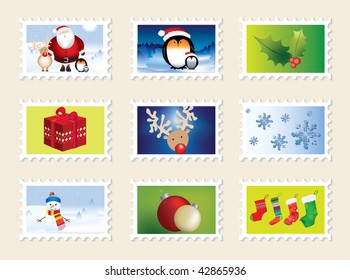 set of christmas stamps, nine different designs