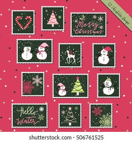 A set of Christmas stamps, postage stamp, scrapbook, gift tags with text, snowman, reindeer, tree, snowflakes, Christmas elements in green, pink, with pink background for Christmas greeting holiday.