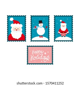 Set of Christmas stamps. Stamp with snowman and Santa Claus. Lettering Happy Holidays and snowflakes. 