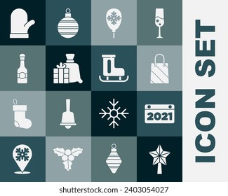 Set Christmas star, Calendar, shopping bag, Balloons with snowflake, Santa Claus gift, Champagne bottle, mitten and Figure skates icon. Vector