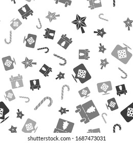 Set Christmas star, Calendar, Snowflake with speech bubble and Christmas candy cane with stripes on seamless pattern. Vector