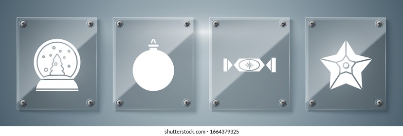 Fijen la estrella de Navidad, Candy, bola de Navidad y nieve de Navidad. Paneles de vidrio cuadrado. Vector