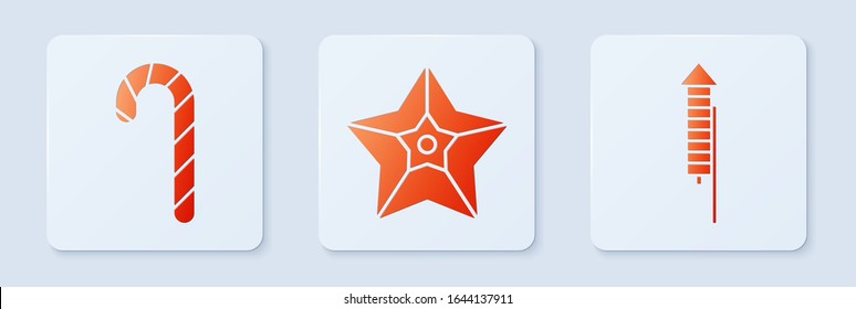 Estrellas navideñas, caña de caramelos de Navidad con rayas y cohete de fuegos artificiales. Botón cuadrado blanco. Vector