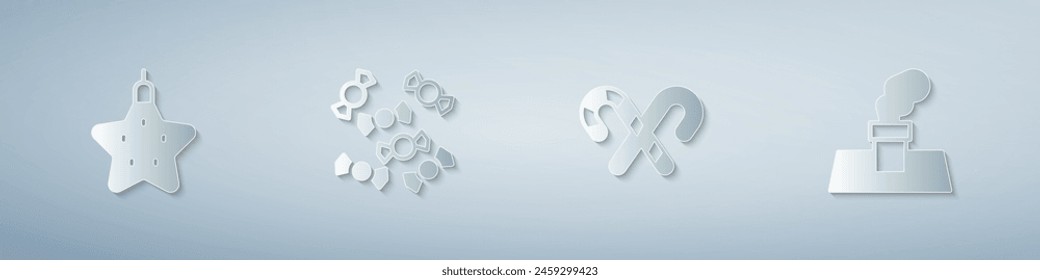 Set Christmas star, Candy, cane with stripes and chimney. Paper art style. Vector