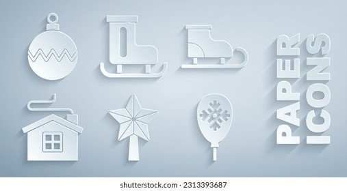 Set Christmas star, Figure skates, Merry house, Balloons with snowflake,  and ball icon. Vector